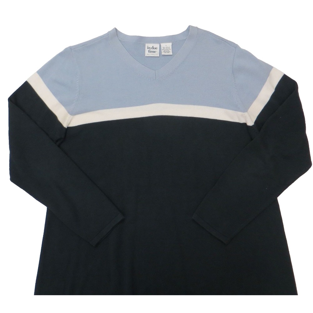 In due‎ Time Maternity Sweater Womens Large V-Neck Blue Colorblock Striped